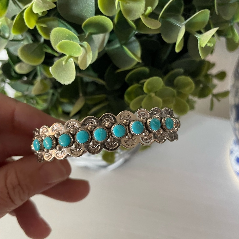 Vintage Bell Trading Post Cuff Bracelet Simulated Turquoise Nickel Silver